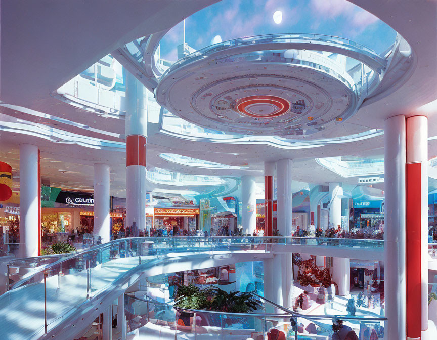 Multi-Level Shopping Mall with Circular Atriums and Glass Ceiling