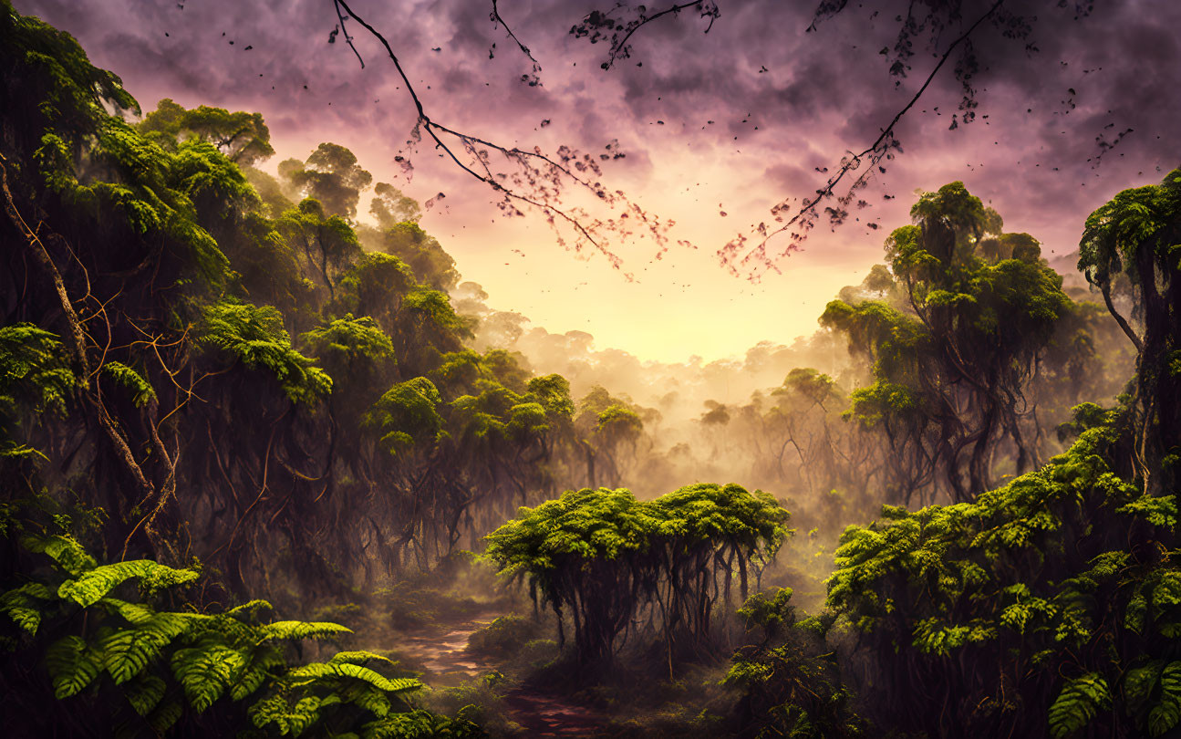 Mystical forest scene at dusk with dense trees and vibrant foliage