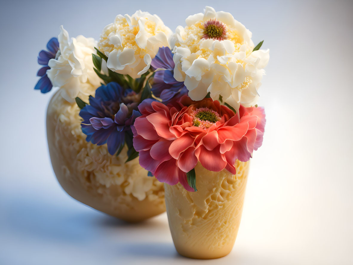 Intricately designed vase with white, blue, and pink flowers in soft backlight