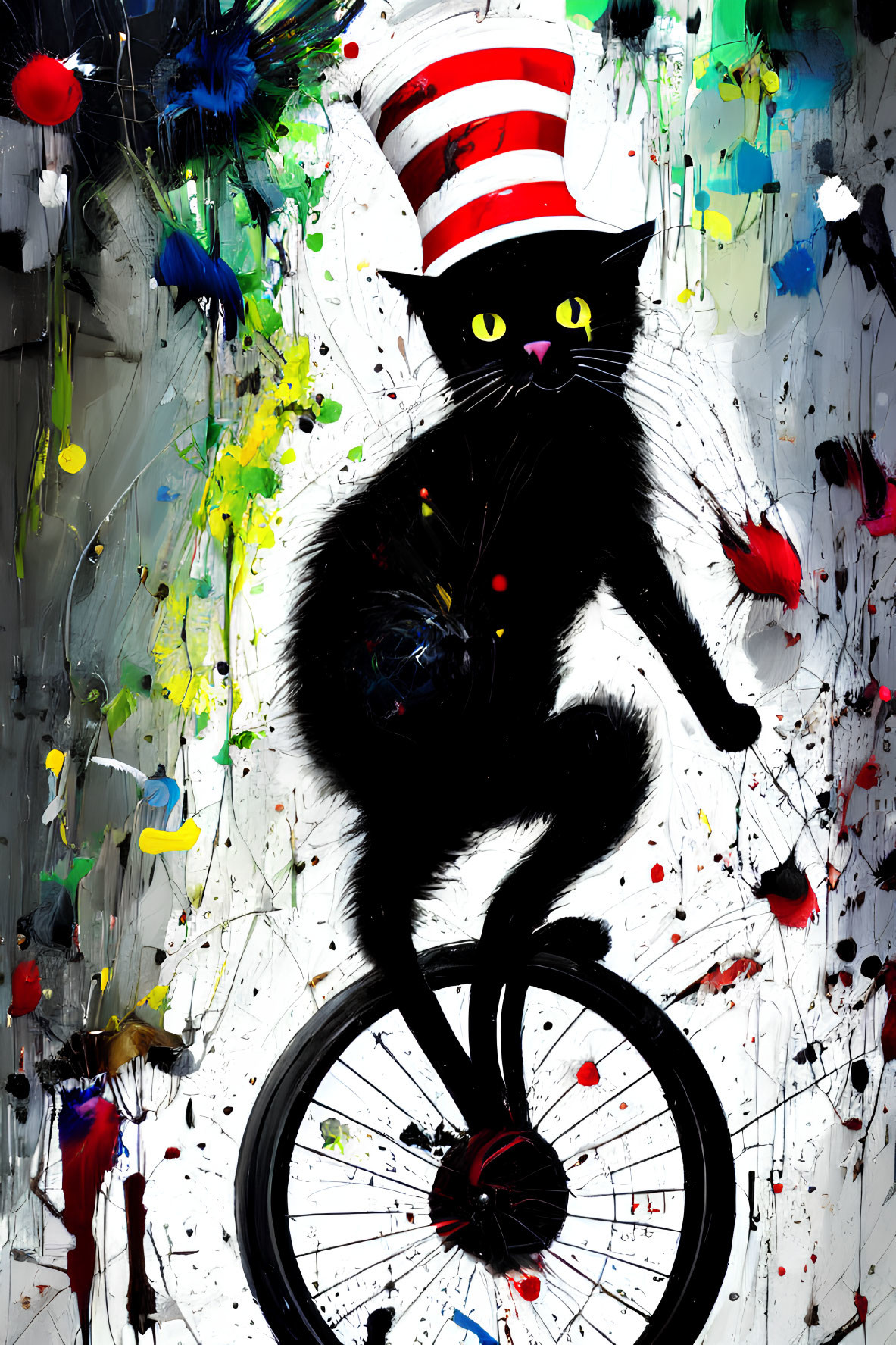 Colorful digital artwork: Cat silhouette on unicycle in chaotic paint splatter backdrop