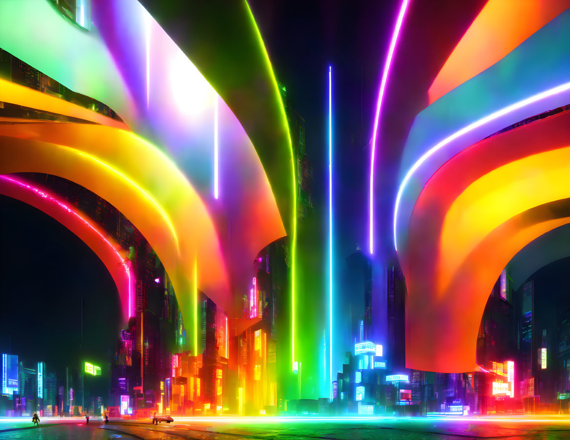 Colorful neon-lit futuristic cityscape with towering skyscrapers