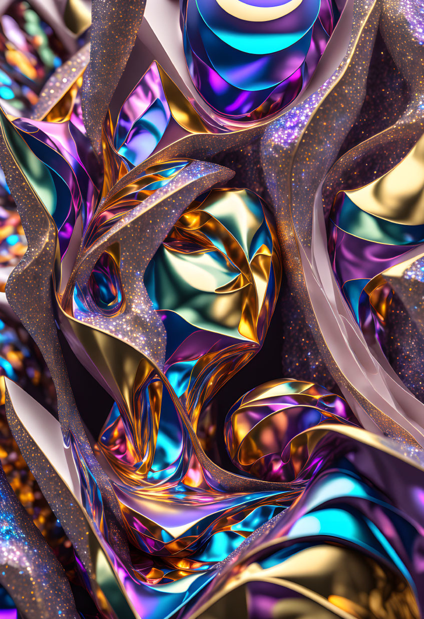 Colorful 3D fractal with gold, purple, and blue tones