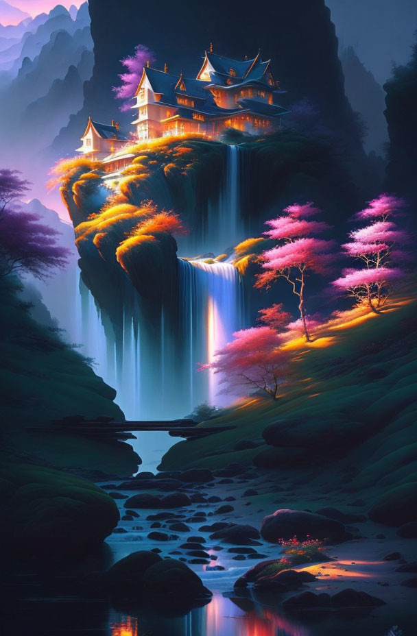 Mystical cliff-top castle overlooking cascading waterfalls and pink flora