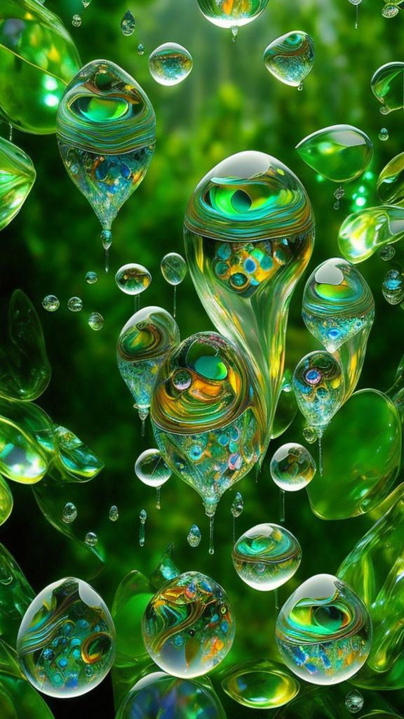 Colorful digital artwork: Iridescent droplets on green background