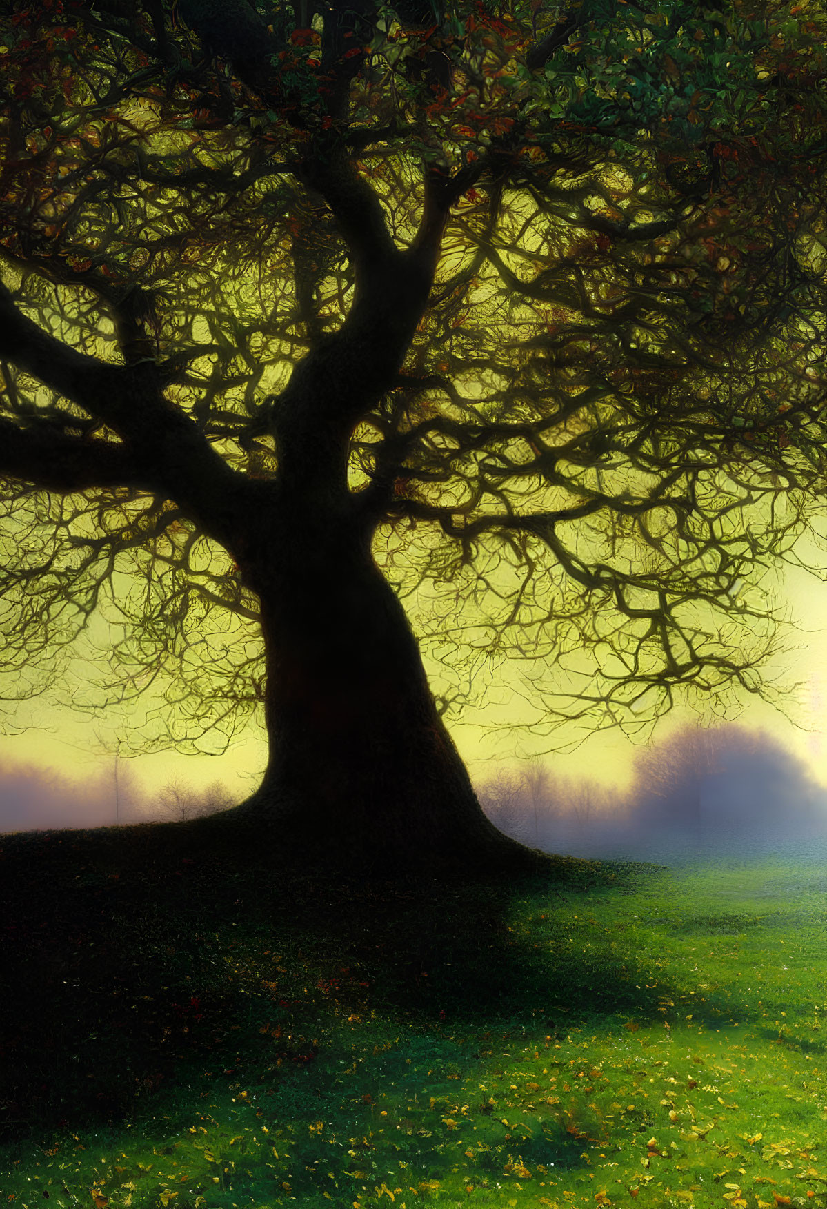 Solitary tree in misty meadow at sunrise or sunset