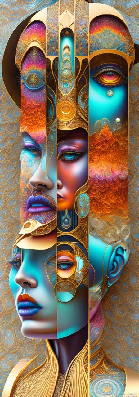 Colorful digital artwork: segmented female face with intricate patterns in warm and cool tones, embellished with