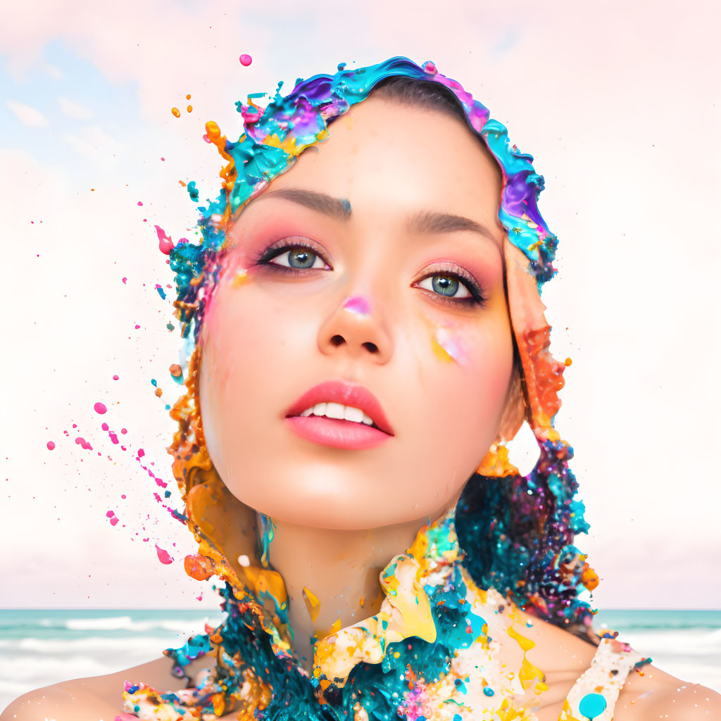 Colorful Paint Splashes on Woman at Beach