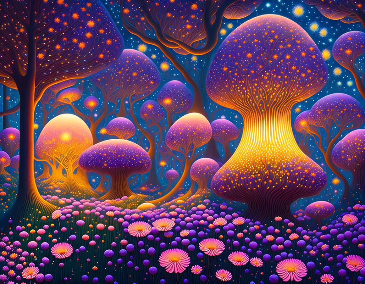 Fantastical forest at night with glowing mushrooms under starry sky