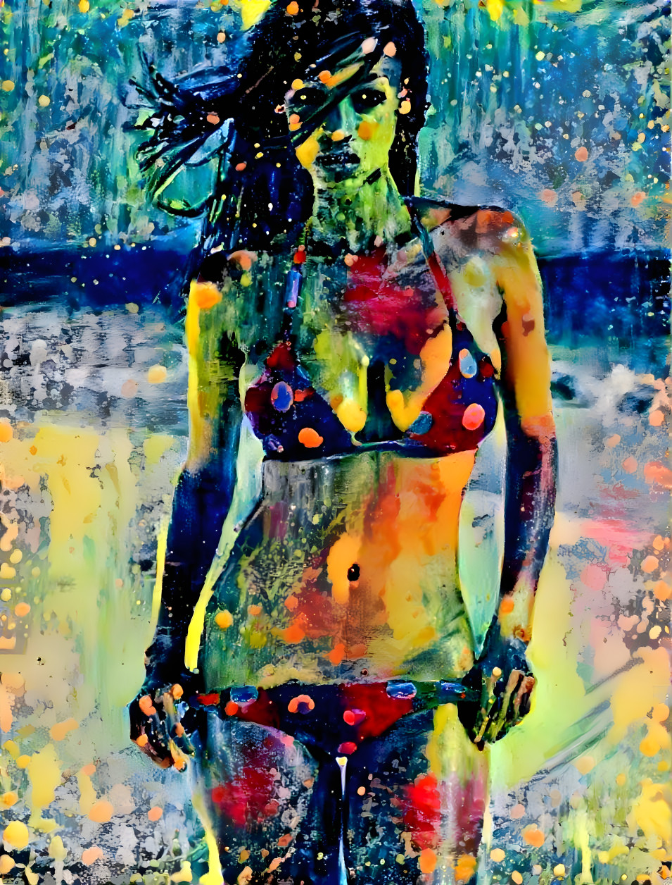 model in bikini posing on beach, painting