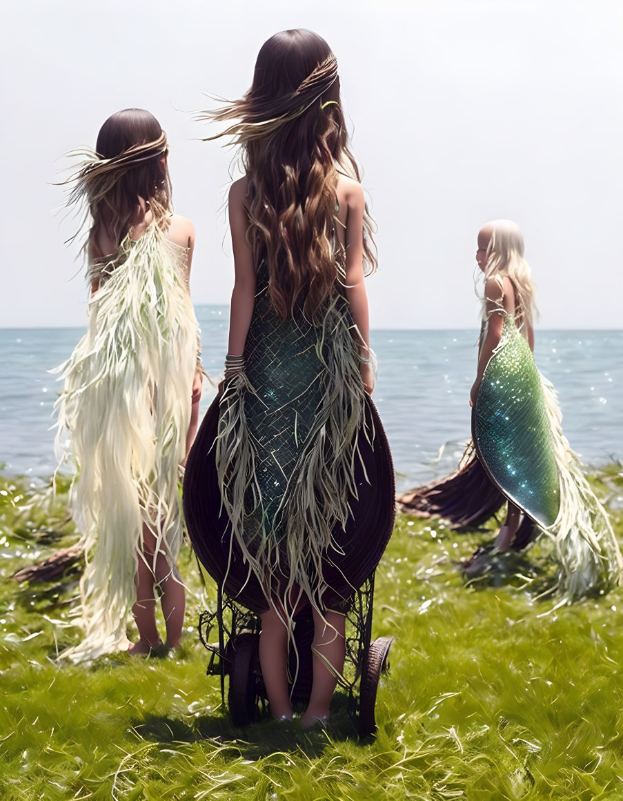 Three mermaids with long hair and shimmering tails by the sea shore