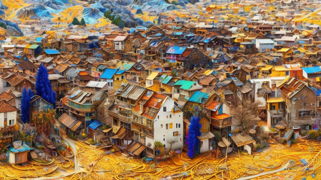 Colorful Village Scene with Golden Patterns & Rugged Terrain