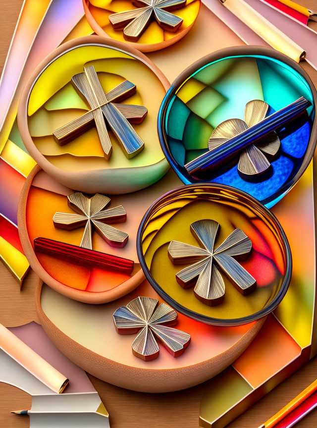 Colorful Abstract Artwork with Metallic Circular Shapes