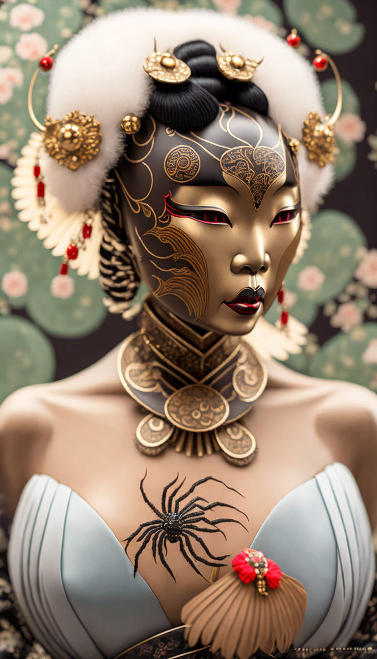 Digital artwork featuring woman in ornate mask, headpiece, gold jewelry, with spider and floral backdrop