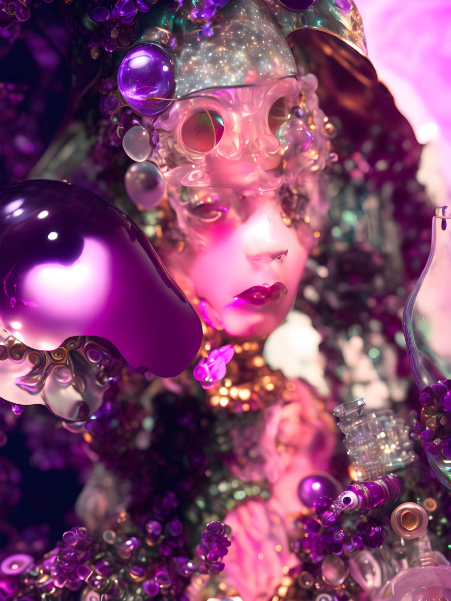 Colorful surreal figure with bubbles and glossy spheres in purples and pinks