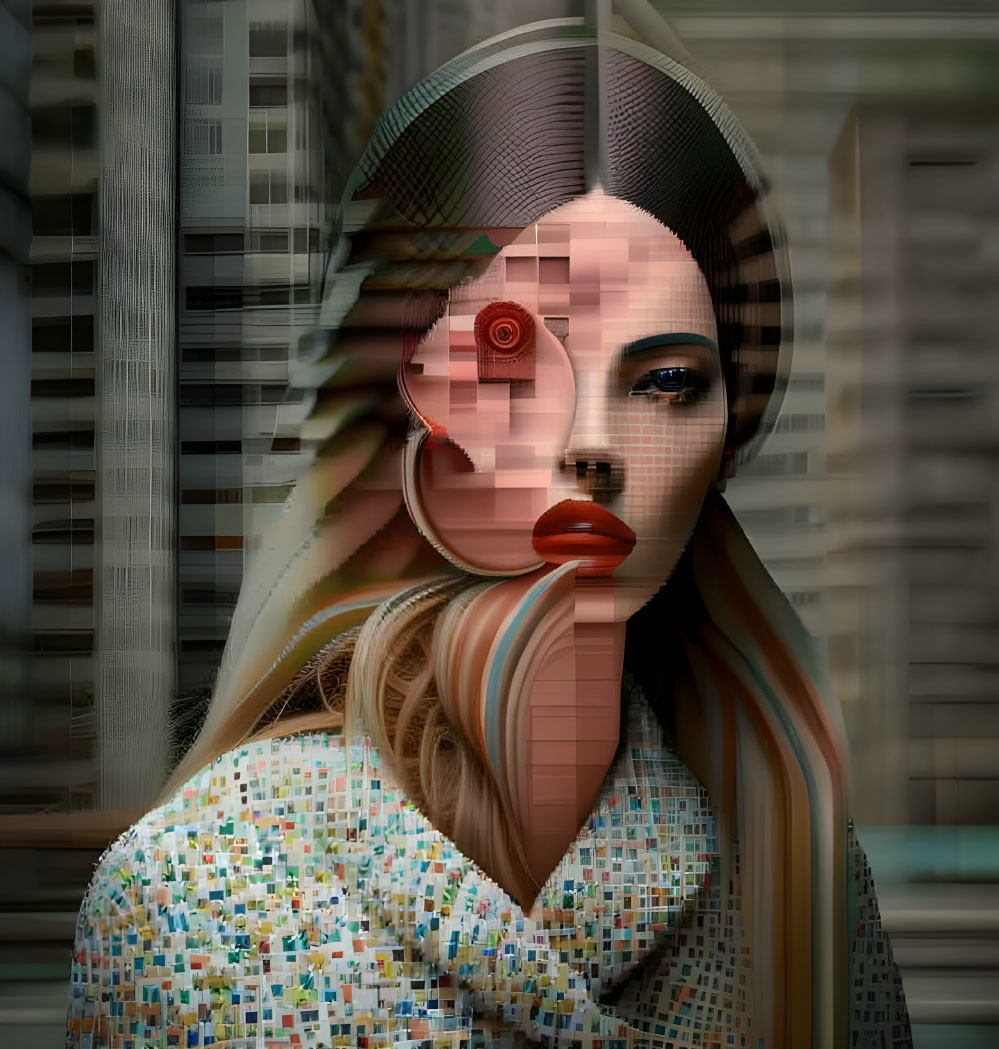 Pixelated glitch art effects on woman's face in abstract patterns