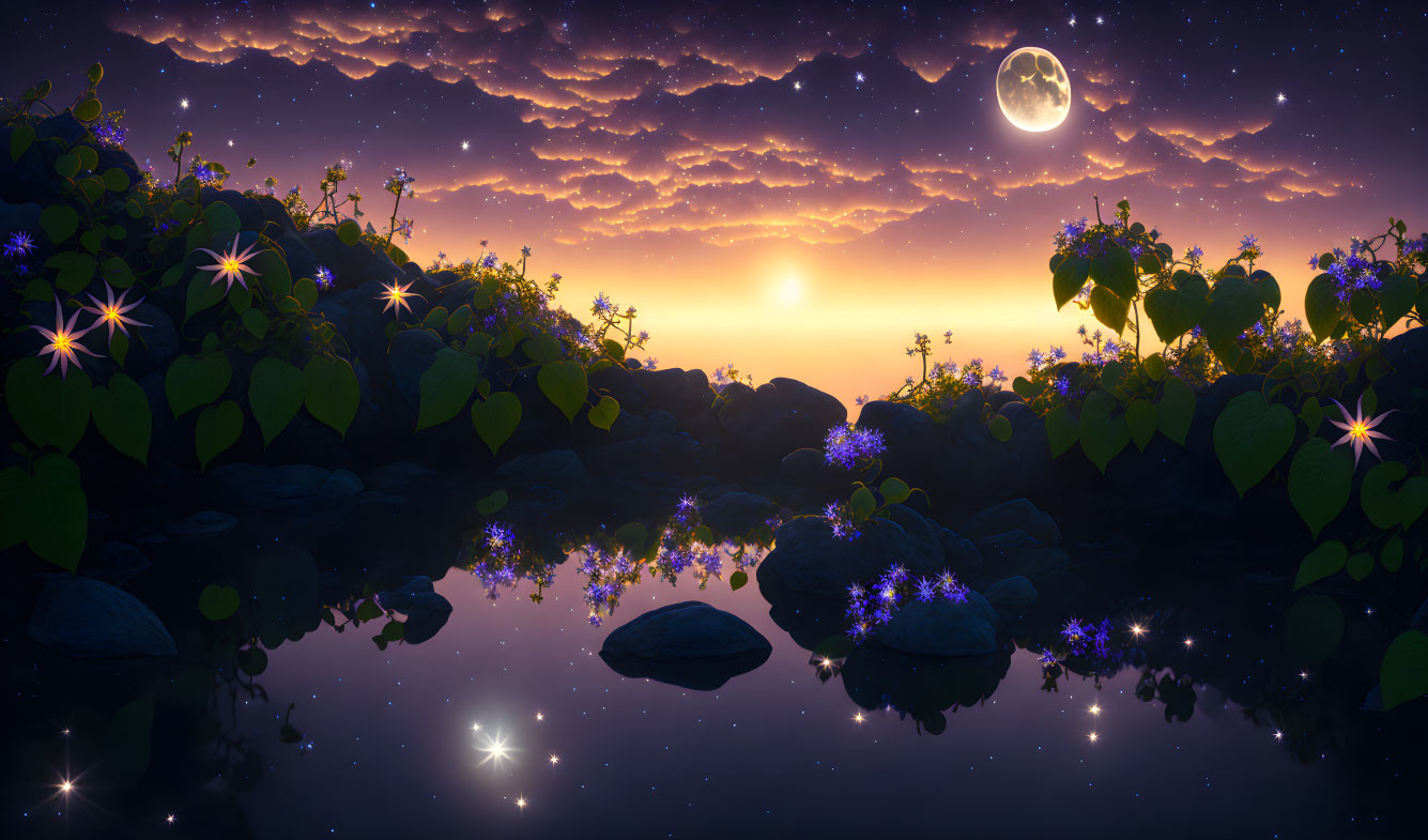 Moonlit Night Sky Reflecting on Still Water Body Surrounded by Foliage, Rocks, Stars