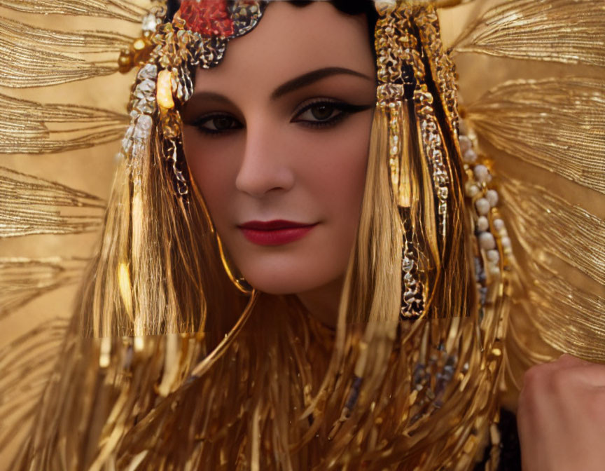 Woman with dramatic makeup in opulent gold headpiece exudes elegance