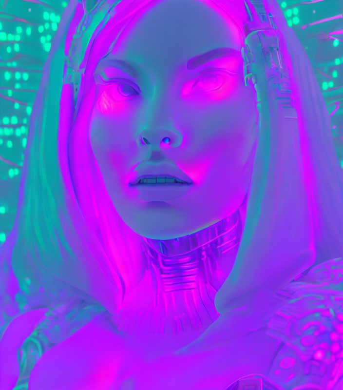 Detailed futuristic female cyborg portrait with neon purple and teal lighting