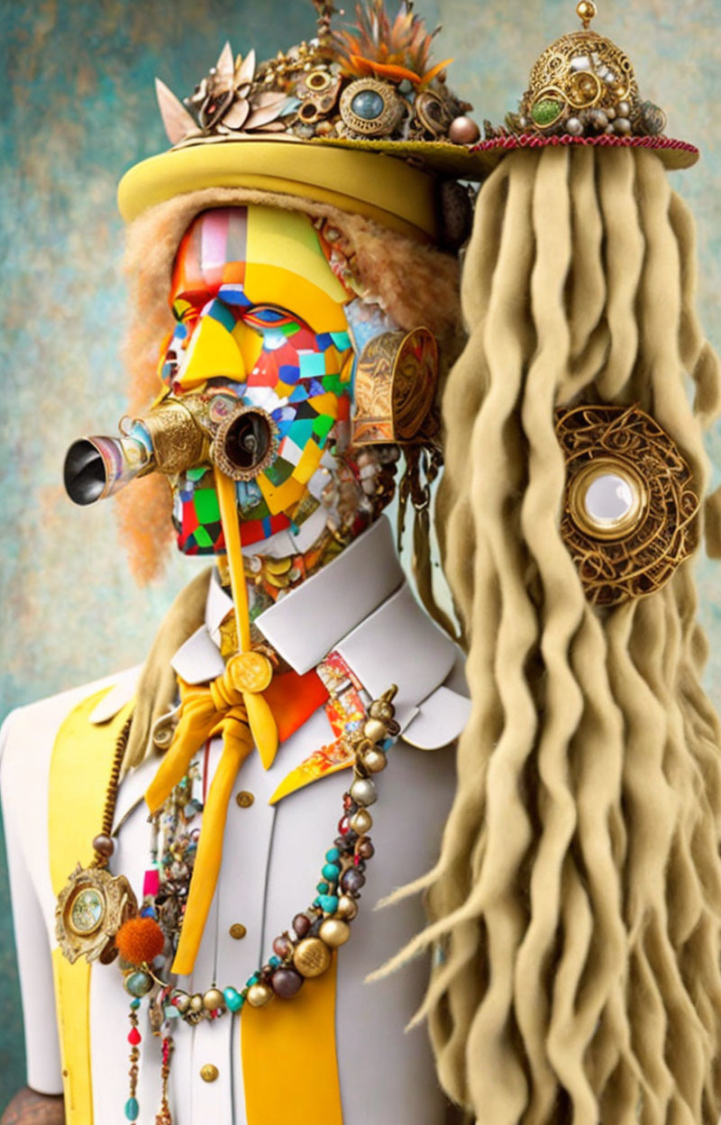 Colorful patchwork mask, ornate hat, dreadlocks, jewelry, and medals portrait.