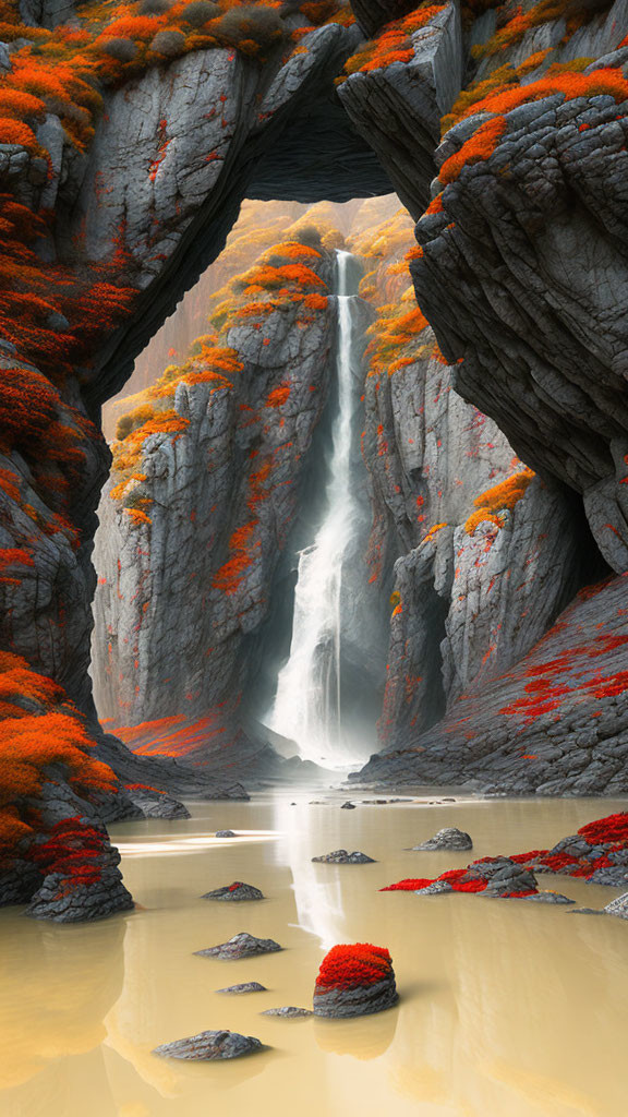 Tranquil waterfall cascades through rocky arch with vibrant foliage into serene sandy-toned pool