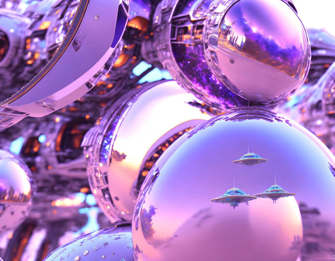 Futuristic metallic spheres with purple and chrome hues and spaceship reflections