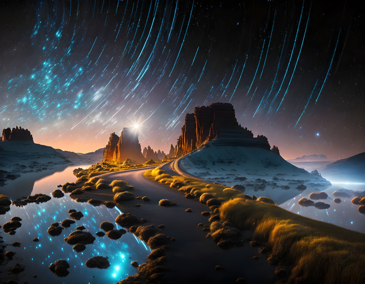 Starry desert night with meteor shower and bioluminescent pools