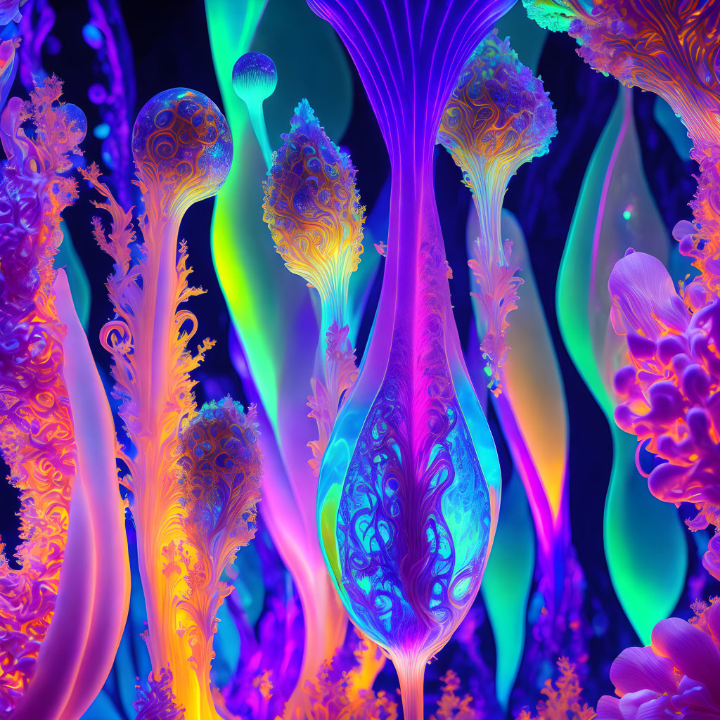 Abstract Neon-Colored Marine Flora with Glowing Edges