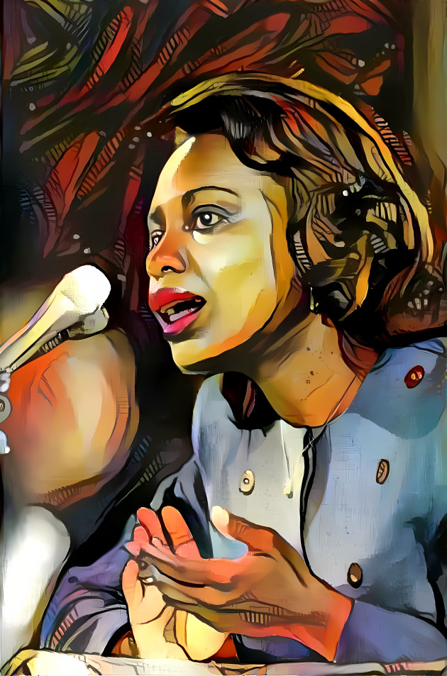 anita hill speaking into microphone, retextured