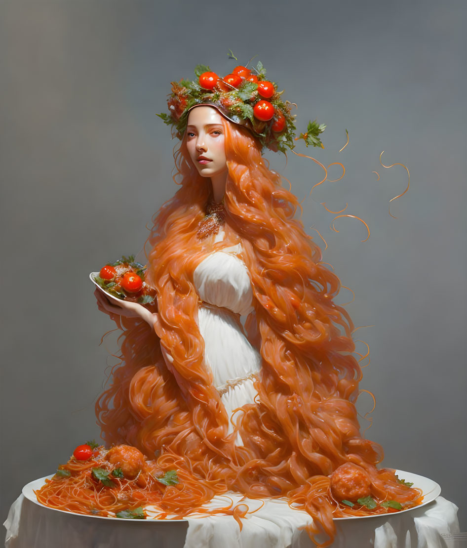 Woman with Long Orange Hair and Tomato Wreath Holding Plate of Tomatoes