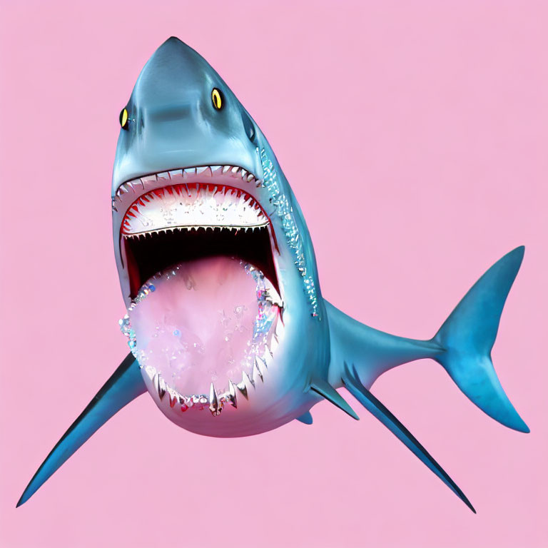 Blue Shark 3D Illustration with Open Mouth and Sharp Teeth on Pink Background