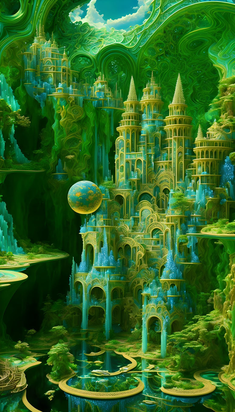 Fractal-generated fantasy landscape with cascading castles and swirling sky