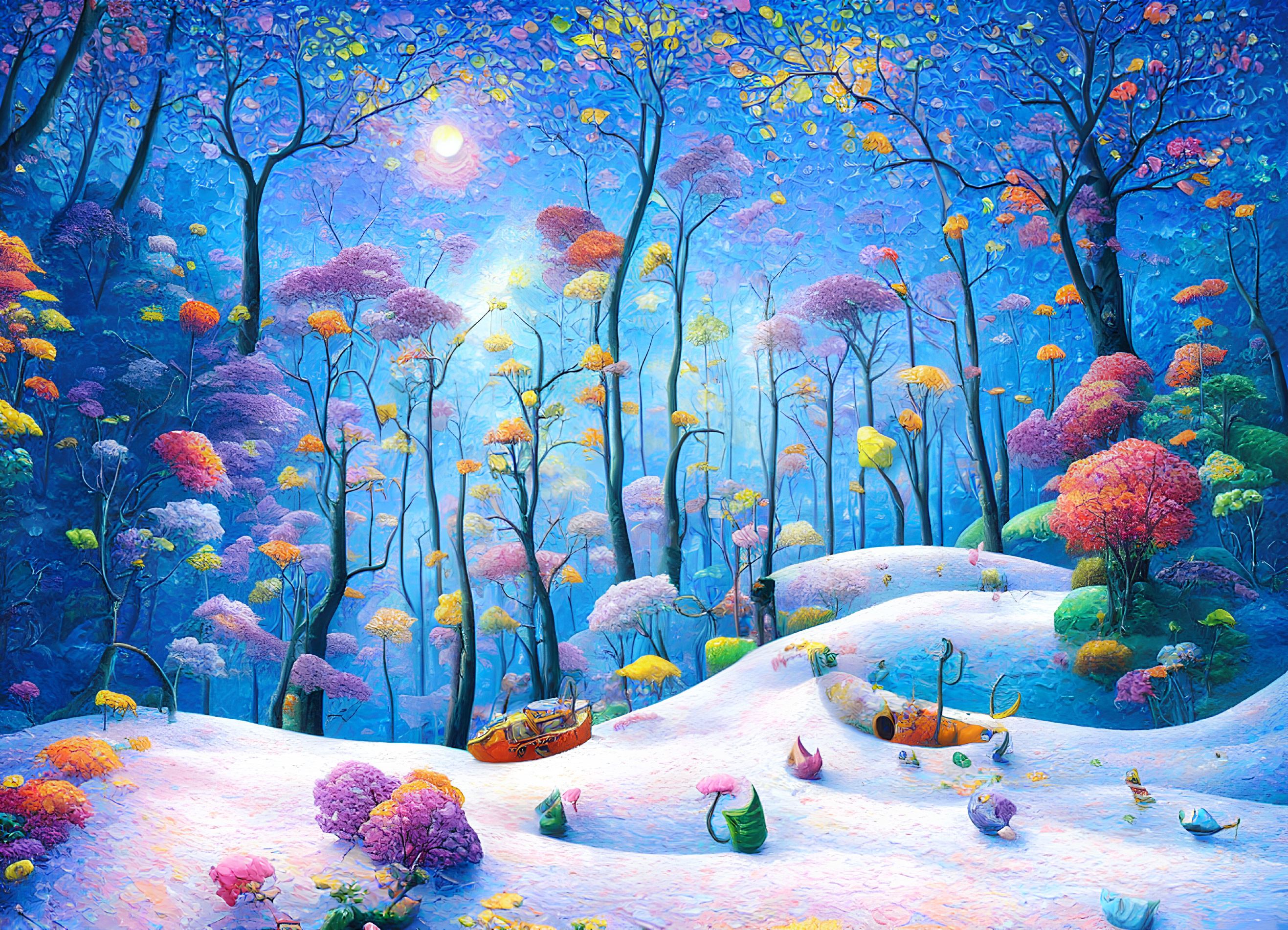 Colorful Magical Forest Painting with Glowing Sun and Lanterns