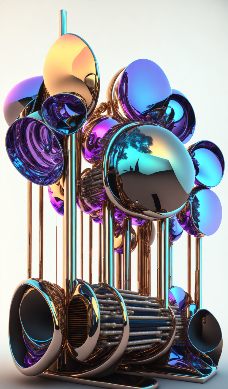 Colorful 3D abstract art with glossy metallic spheres and iridescent tubular structures