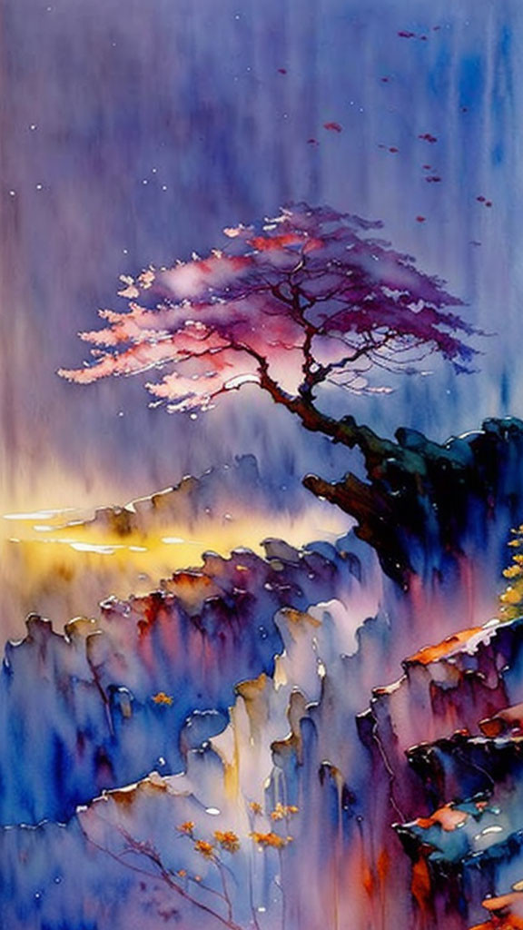 Colorful Watercolor Cliffside Scene with Blooming Tree at Sunset