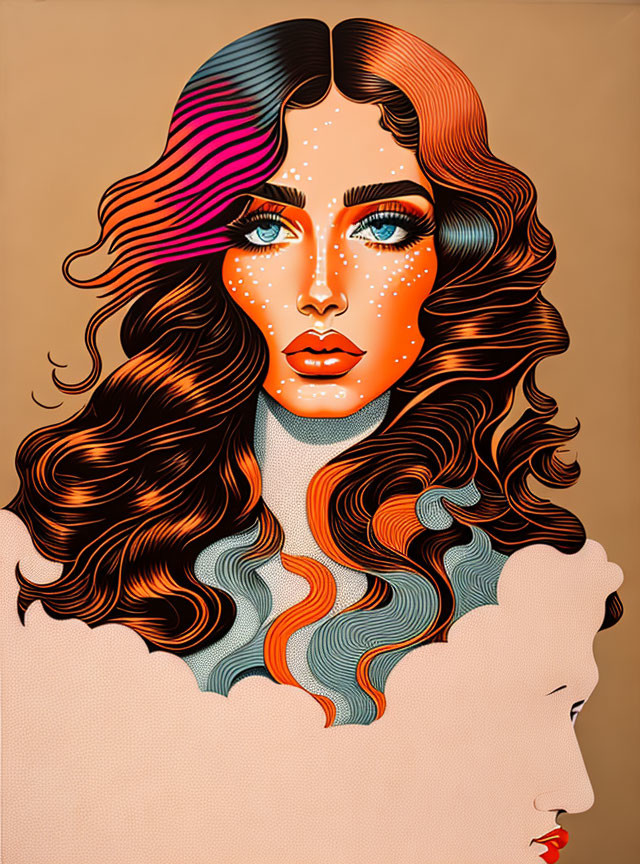 Vibrant artistic illustration of a woman with wavy hair and blue eyes