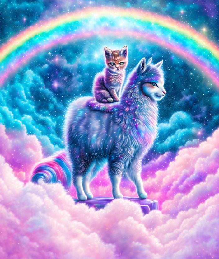 Colorful Illustration: Kitten and Wolf in Purple Mystical Scene