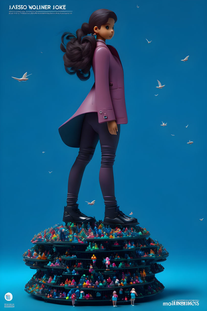 Stylized female figure in pink coat on vibrant diorama