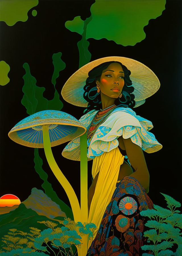 Woman in Sun Hat and Patterned Dress in Surreal Mushroom Landscape