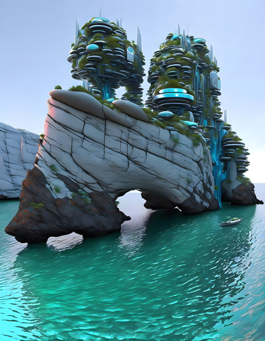 Futuristic coastal city with green-roofed skyscrapers on rocky arches