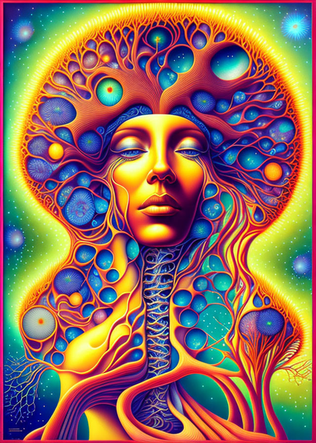 Vibrant psychedelic woman with tree-like form and colorful patterns.