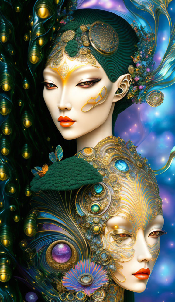 Stylized female figures with ornate headpieces and gemstones