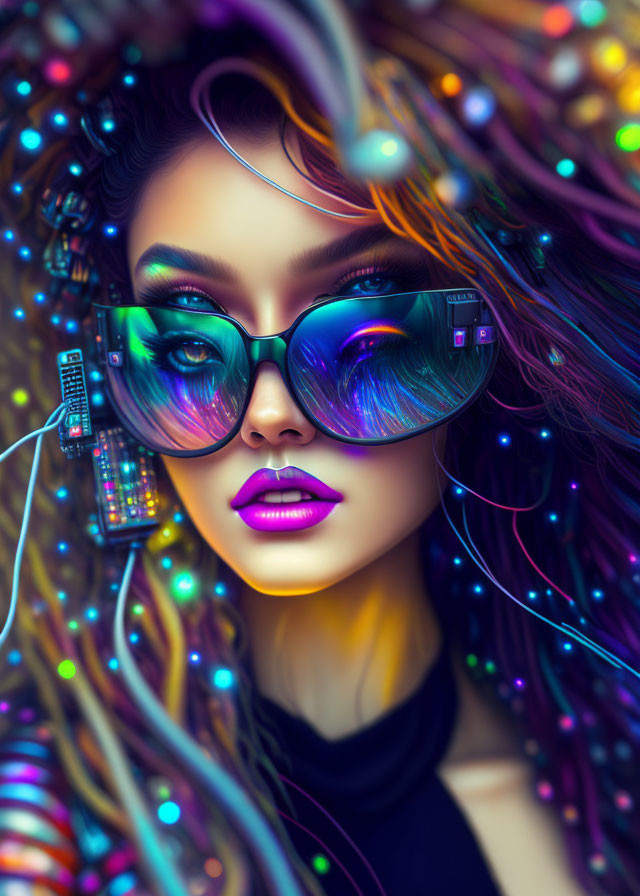 Colorful Neon-Lit Hair & Reflective Sunglasses in Futuristic Cyberpunk Art