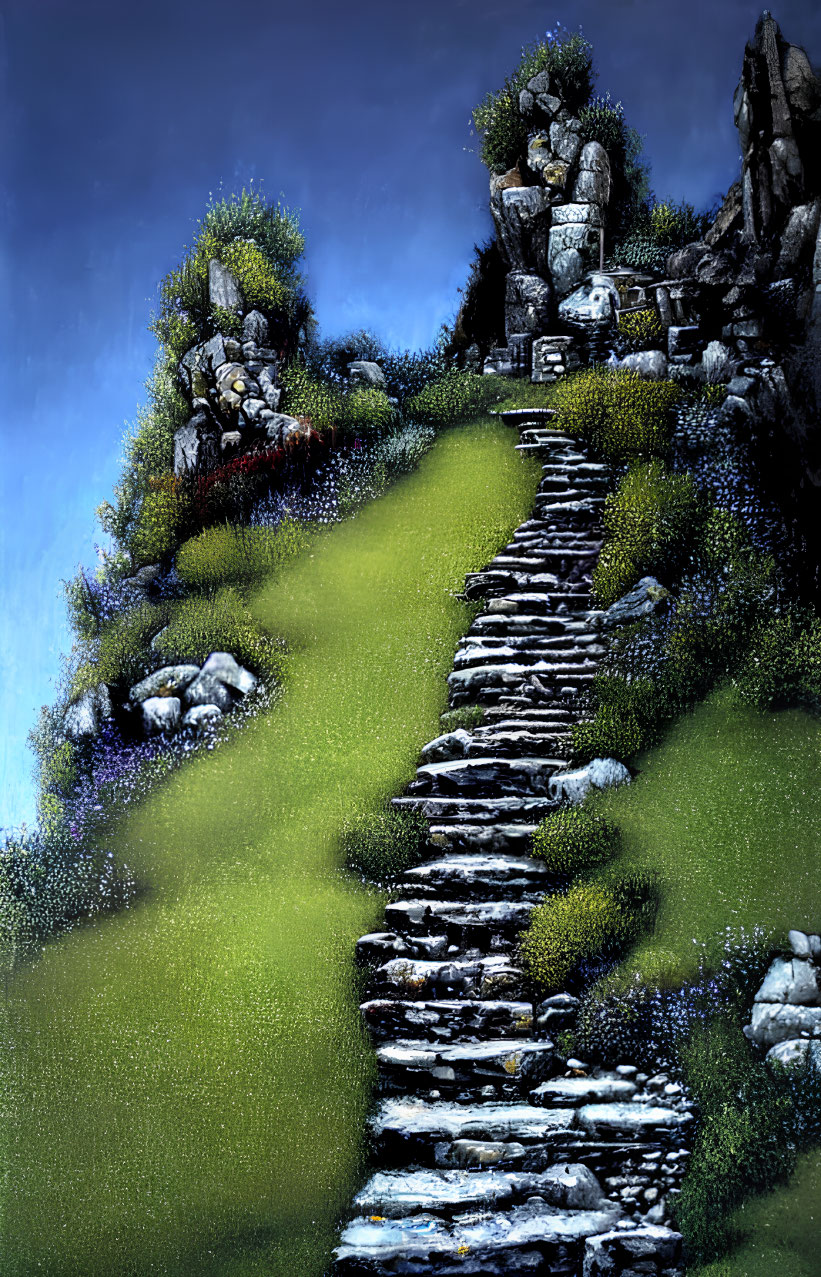 Lush hillside with blooming flowers and stone steps