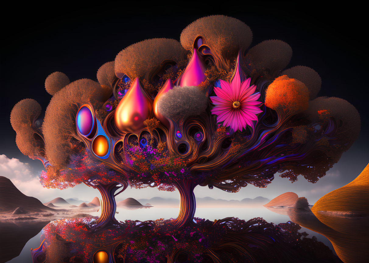 Vibrant surreal digital artwork of fantastical tree in pink skies