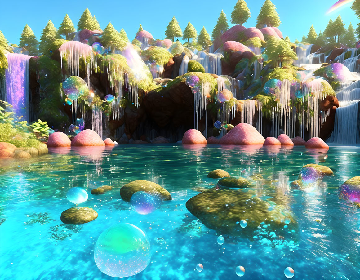 Fantasy landscape with waterfalls, bubbles, colorful rocks, and pink-tipped trees