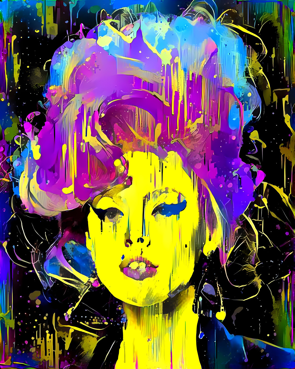 model, yellow, purple, blue, dripping paint