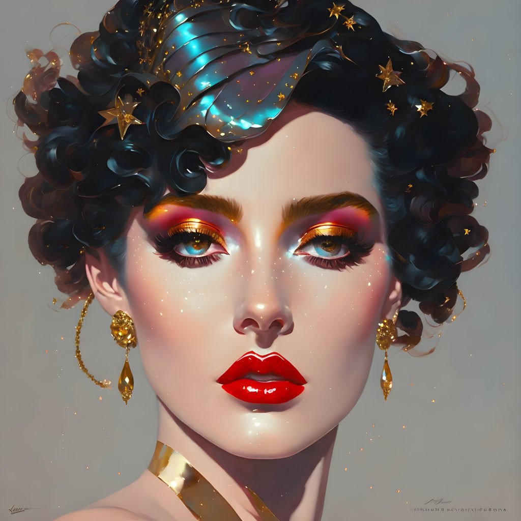 Woman with Ebony Curls and Vibrant Makeup, Golden Earrings, Celestial Hair Accent