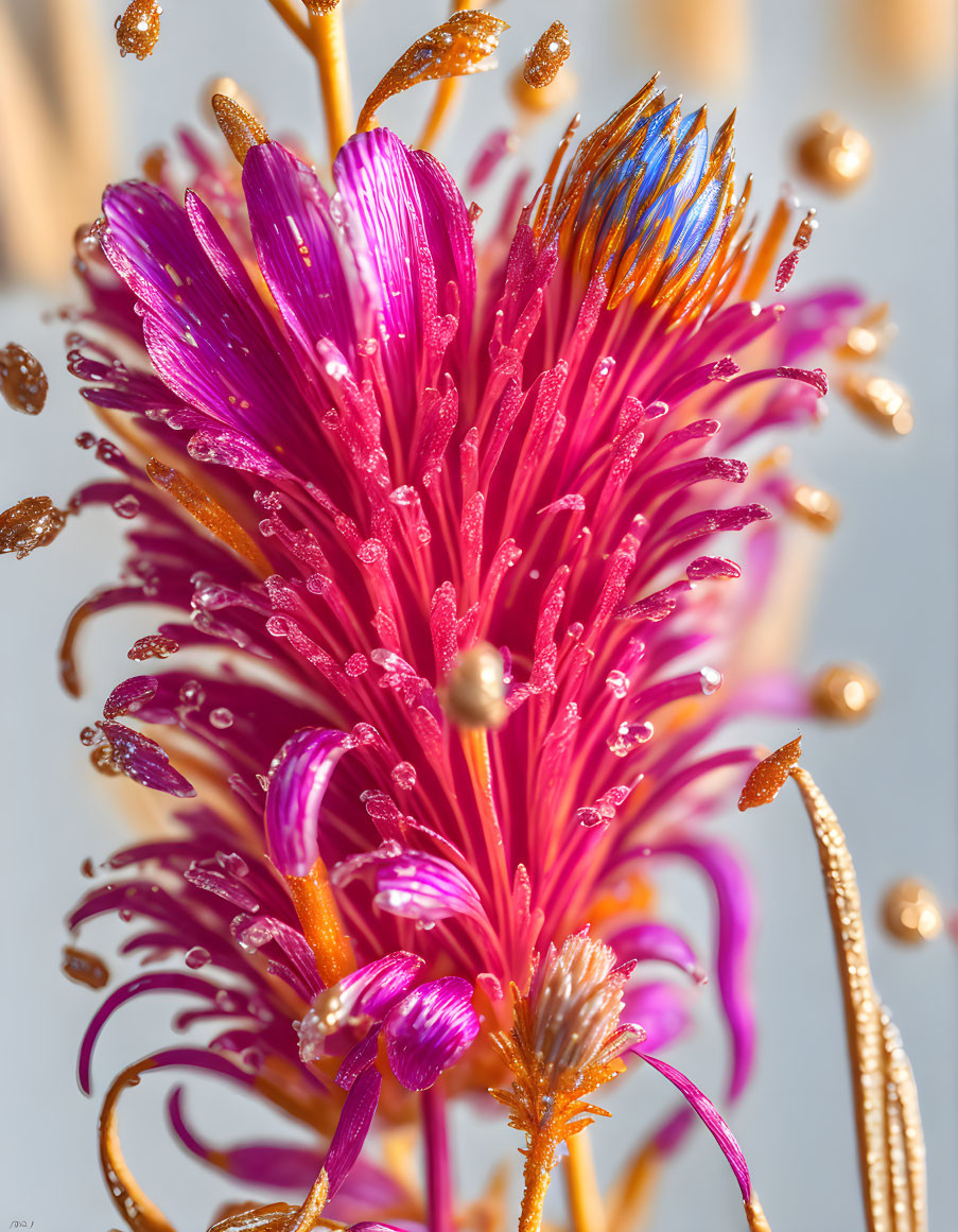 Vibrant pink flower with water droplets and unique stamens on soft-focus background