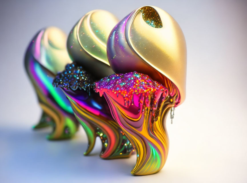 Vibrant rainbow-colored melting sculptures with glitter details