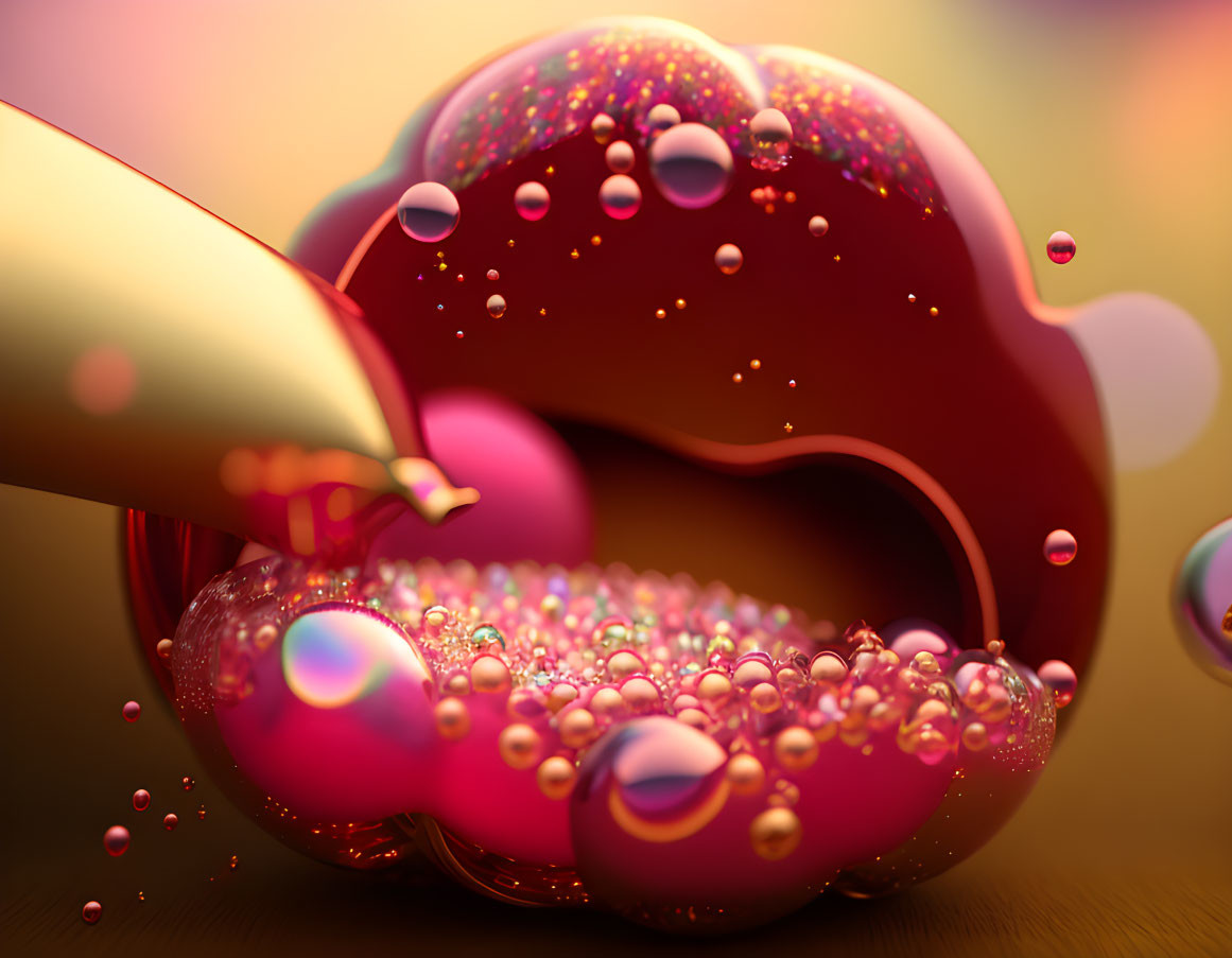 Colorful reflective spheres on glossy bubble-like structure against warm backdrop